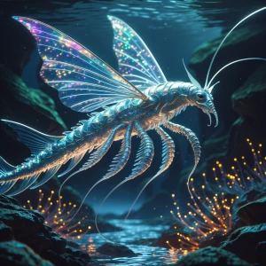 In the depths of an otherworldly ocean, a silvery luxurious inse...