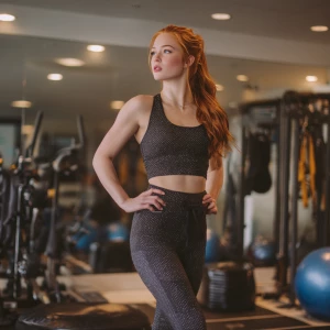 A red-haired supermodel wearing stylish workout attire, exercisi...