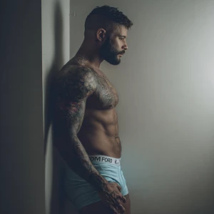 Generate an image of a strong man with a short, dark haircut and...