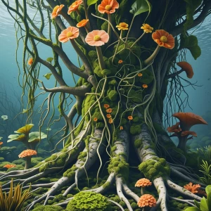 Realistic huge living breathing bio organism with organic flower...