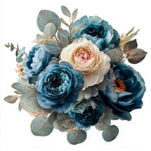Transparent PNG bouquet (3 variants): peacock-blue roses + eucal...