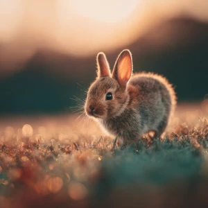 adorable baby rabbit walking through soft glowing grass toward a...