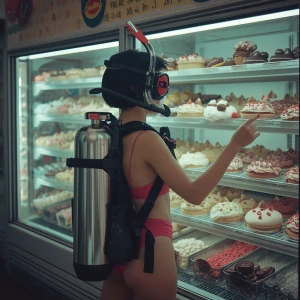 The image shows a girl wearing a scuba diving mask and a snorkel...