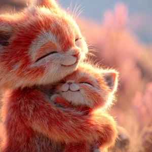 Humanoid cat mother with red-orange fur holding her baby humanoi...