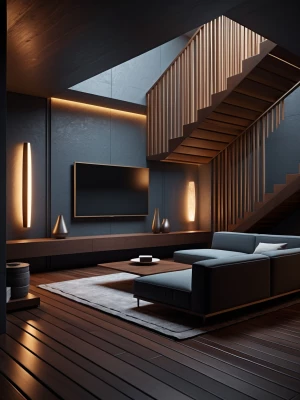 "A modern, elegant living room featuring rich wooden floors, a s...