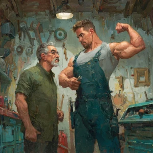 Create a stable diffusion for a handyman, working in a garage, b...