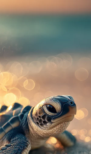 Coco the baby sea turtle on a sandy beach at sunrise, warm golde...
