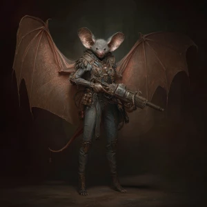 Vampire bat woman with spread wings , skeltsil details holding a...