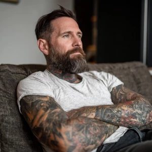 Hey, check out this dude with a beard and tattoos. He's sitting...