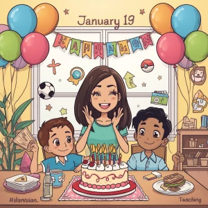 Create a lively cartoon scene for Shannon's birthday gathering o...