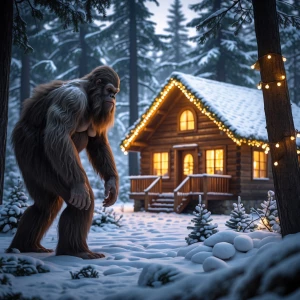 In a wintry forest setting, a hairy and mysterious Sasquatch lur...