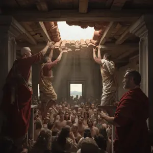 Four determined men on the roof of an ancient house in Capernaum...