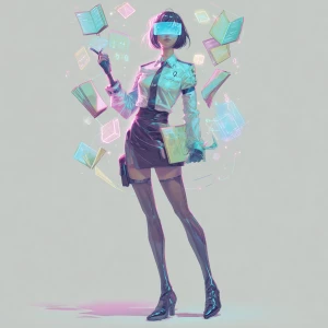 Anime woman math-sorceress, sleek bob, holo-visor displaying ( )...