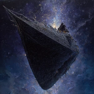 A hauntingly colossal darkwave-driven galaxy galleon, wreathed i...