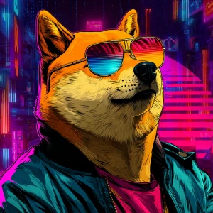 Character DOGE in GTA art style,  , gta style illustration, neon...