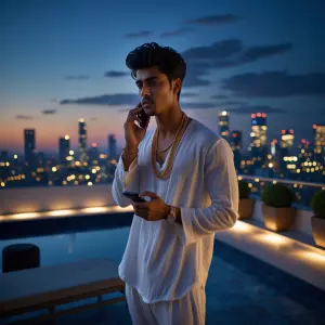 Wide cinematic shot of a young well-dressed Indian man 
standin...