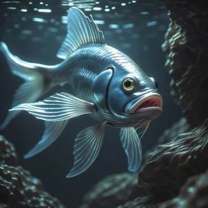 In a shadowy underwater realm, a mesmerizing fishlike creature e...