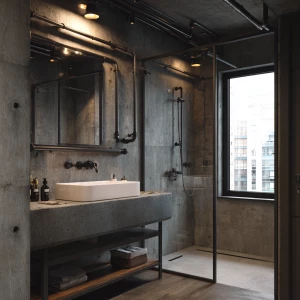 Create an image of a small industrial bathroom featuring concret...