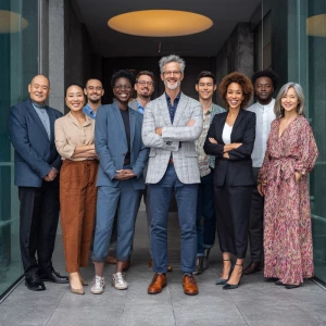 Show a dynamic scene at the entrance of a contemporary office bu...