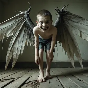 a boy—maybe nine or ten—barefoot on rotting floorboards. His ski...