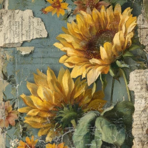 Rustic sunflower junk journal page, oversized sunflower blooms a...
