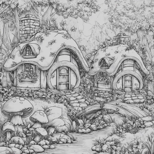 Whimsical fantasy garden scene in detailed black-and-white line...