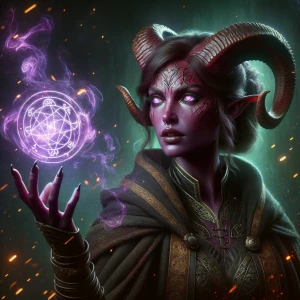 Hyper-realistic fantasy portrait of a female tiefling warlock ca...