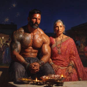 Hyperrealism,oil painting.a muscular beefy sweaty tattoed indian...