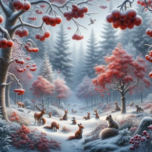 Animate a beautiful, winter forest, with red berry trees, cute f...