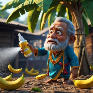 3D cartoon old Indian grandfather spraying banana stopping medic...