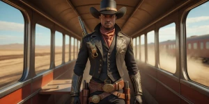 A black steampunk cowboy with flashy guns at his side, ultra rea...
