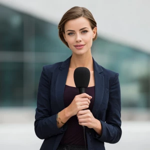 A professional news reporter, a woman, standing confidently in f...