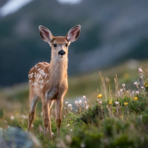 Baby white-tailed fawn standing in lush alpine meadow in Rocky M...