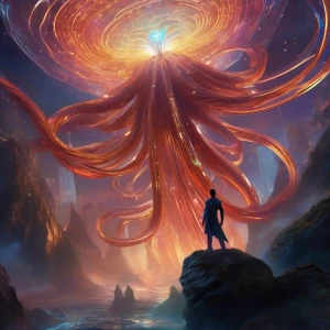 In the center of a swirling vortex of data, a magnificently towe...