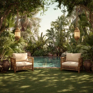 Create a realistic image featuring a lush tropical garden lawn w...