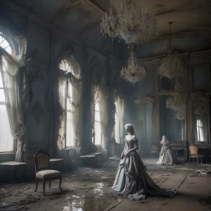 Picture a haunting scene of an abandoned neo-Victorian palace su...