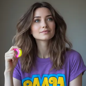 Hair: Long, wavy brown hair with a natural center part. It has s...