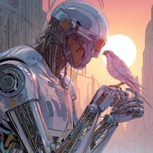 Retro-futuristic concept art. A sleek, chrome-plated robot with...