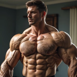 A shirtless man is depicted indoors, showcasing his muscular bui...