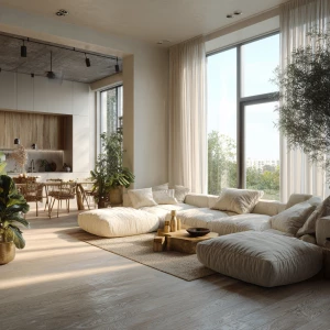 high-end luxury apartment interior with beige linen furniture, o...