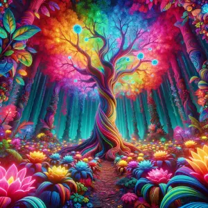 Amidst the wacky neon jungle, a towering, vibrant tree pulsates...