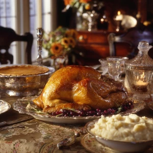 Imagine a festive Thanksgiving scene with a beautifully set tabl...