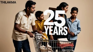 Editorial-style cover: large portrait of a sri lanka family lean...