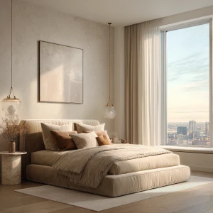Ultra-realistic photo of a luxury master bedroom in a modern apa...