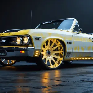 A custom 1966 Malibu convertible in a dramatic, cinematic settin...