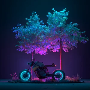 Create an image of an enchanted cyberpunk neon forest with a sci...