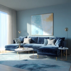 Create a modern aesthetic living room with a navy velvet section...