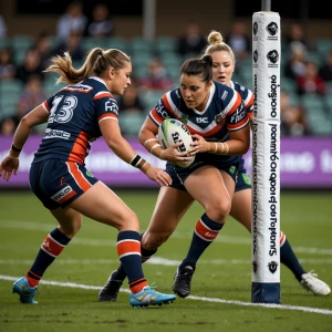 please generate an image in a game of women's rugby league, a de...