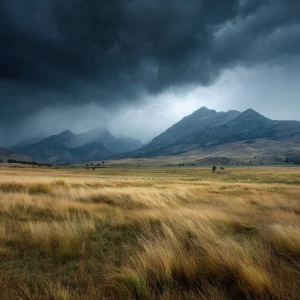 Cinematic 16:9 wide shot of Rocky Mountain meadow as dark storm...