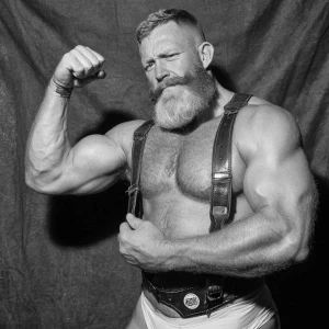 The image depicts a very hairy muscular, ginger bearded man posi...